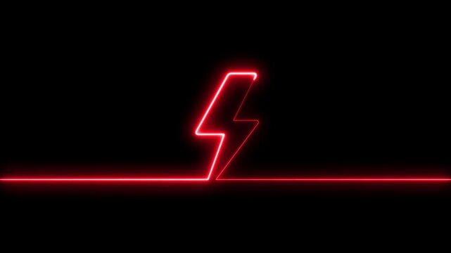 Red neon lightning bolt symbol glowing on black background, minimalist electric power animation