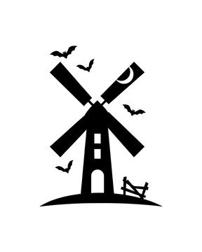 Spooky halloween windmill silhouette with flying bats and crescent moon on a hill graphic design vector illustration black and white fall season art print