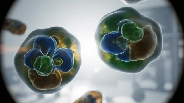 Microscopic view of cells with vibrant colors and complex structures, scientific and medical visualization