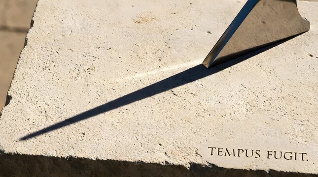 Ancient stone sundial with Tempus Fugit inscription, sun shadow on weathered limestone, concept of time passing and mortality