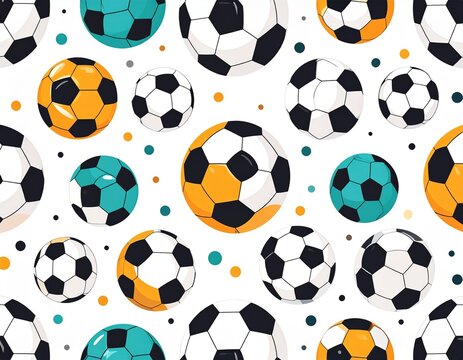 cute cartoon soccer ball 2D pattern, flat design, multiple soccer balls scattered