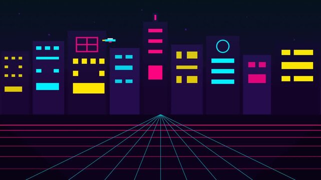 Futuristic Neon City Night Grid Visualization Video Experience.