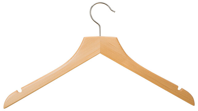 Natural wood clothes hanger with metal hook, isolated on transparent background