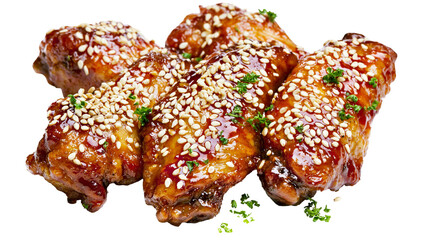 Glossy glazed chicken wings with sesame seeds and parsley, isolated on transparent background © Mia