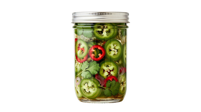 Glass mason jar filled with pickled jalape&ntilde;os red chili slices and cilantro, isolated on transparent background