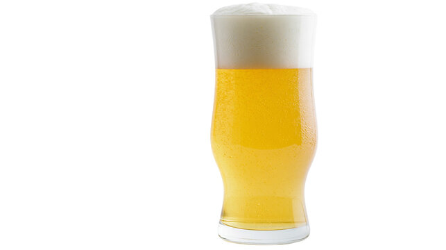 Tall glass of golden lager beer with thick white foam head, isolated on transparent background