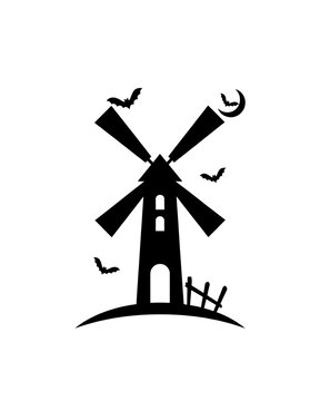 Spooky halloween windmill silhouette with flying bats and crescent moon in night sky vector graphic spooky landscape windmill halloween silhouette building