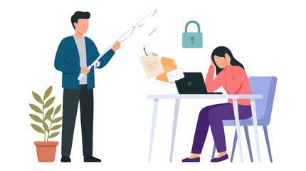 Fototapeta premium Phishing scam concept with a man stealing data from a distressed woman