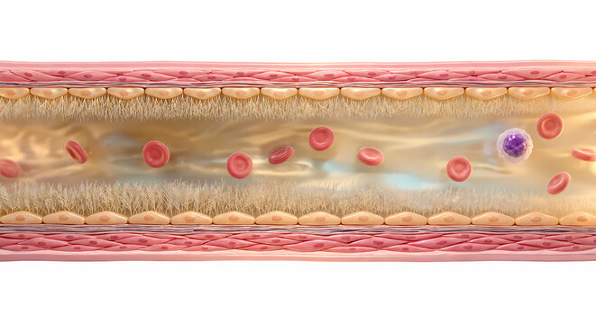High resolution 3D cross section of blood vessel wall displaying endothelial glycocalyx hair structure and flowing cells