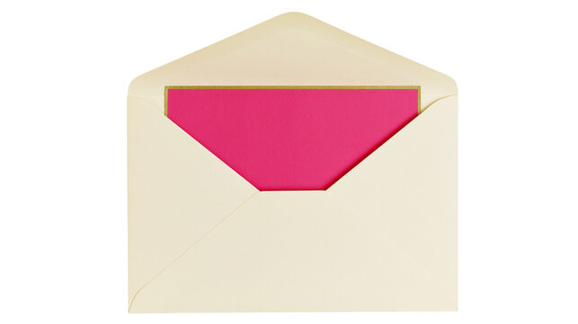 Cream envelope with bright pink card peeking out, isolated on transparent background