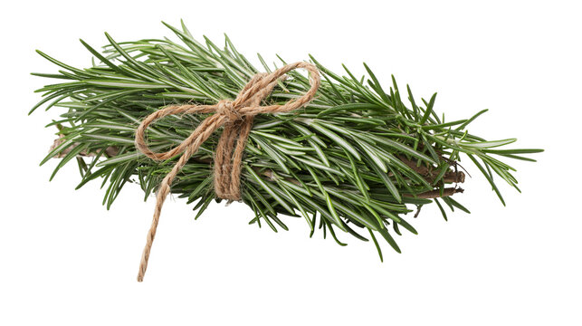 Fresh green rosemary herb sprigs tied with twine, isolated on transparent background