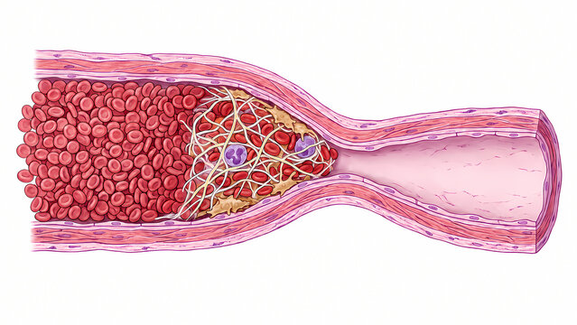 Scientific diagram of blood clot formation with fibrin mesh trapping erythrocytes and leukocytes inside vessel
