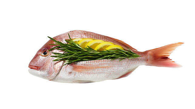 Whole raw red snapper fish stuffed with lemon slices and rosemary, isolated on transparent background
