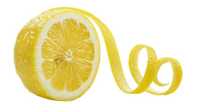 Fresh yellow lemon half with a long curly zest spiral, isolated on transparent background