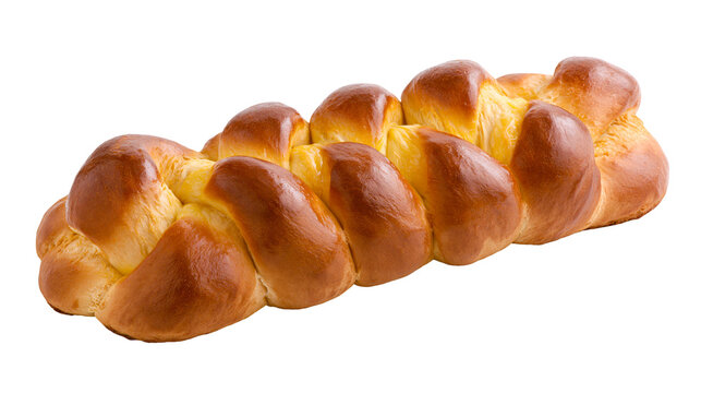 Golden brown braided challah bread, isolated on transparent background