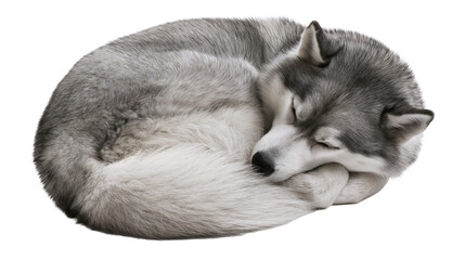 Sleeping Siberian Husky curled up in a ball, isolated on transparent background © Mia