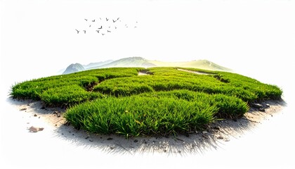 Obraz premium patch of green grass with exposed soil edges sits before distant mountains as birds fly overhead.