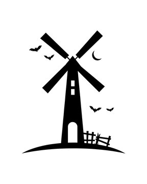 Halloween windmill silhouette vector illustration with bats and crescent moon wind turbine vector art cut out windmill halloween silhouette crescent
