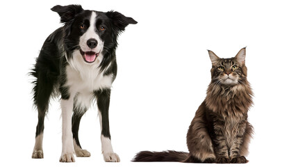 Happy border collie dog standing next to a fluffy maine coon cat, isolated on transparent background © Mia