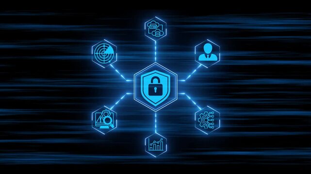 Blue Glowing Cyber Security Network HUD Interface Animation Background