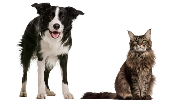 Happy border collie dog standing next to a fluffy maine coon cat, isolated on transparent background