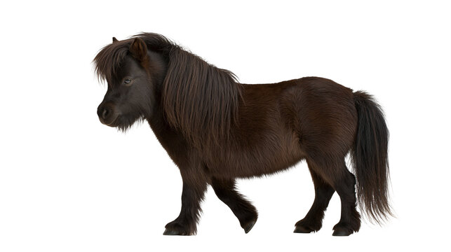 Small dark brown Shetland pony with shaggy mane and tail, isolated on transparent background