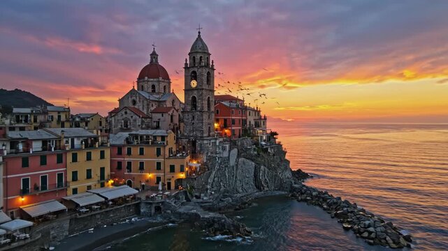 Aerial view of Vernazza in Cinque Terre Italy featuring the Santa Margherita di Antiochia church bell tower and colorful cliffside buildings at sunset over the Mediterranean Sea.