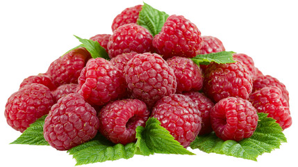 Heap of ripe red raspberries with green leaves, isolated on transparent background © Mia