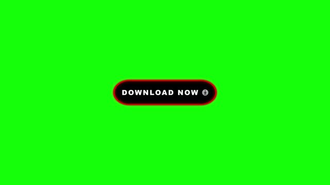Red neon download now button pulsing text and fading down arrow icon loop animation on green screen background