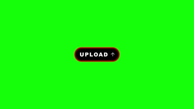 Red neon upload button pulsing text and fading up arrow icon loop animation on green screen background