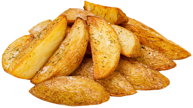 Golden potato wedges seasoned with herbs and salt, isolated on transparent background