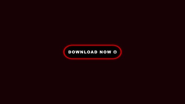 Red neon download now button pulsing text and fading down arrow icon loop animation on black background