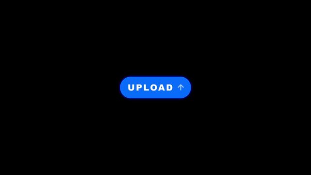 Blue upload button pulsing text and fading up arrow icon loop animation on black background