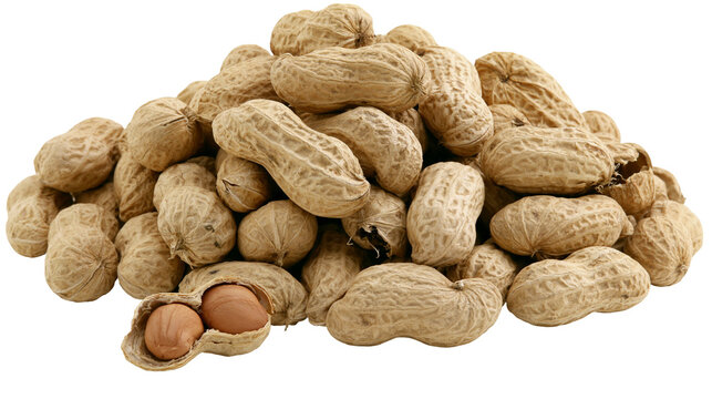 Pile of unshelled peanuts one cracked open revealing kernels, isolated on transparent background