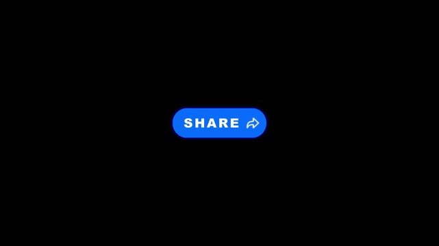 Blue share button pulsing text and fading arrow icon loop animation on black background