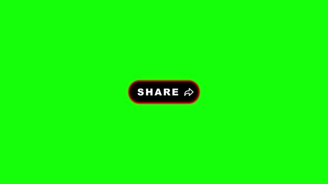 Red neon share button pulsing text and fading arrow icon loop animation on green screen background