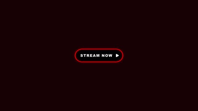 Red neon stream now button pulsing text and fading play icon loop animation on black background