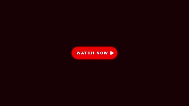 Red watch now button pulsing text and fading play icon loop animation on black background
