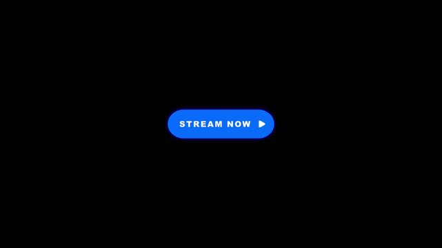Blue stream now button pulsing text and fading play icon loop animation on black background