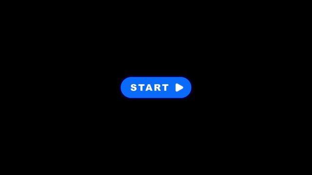 Blue start button pulsing text and fading play icon loop animation on black background