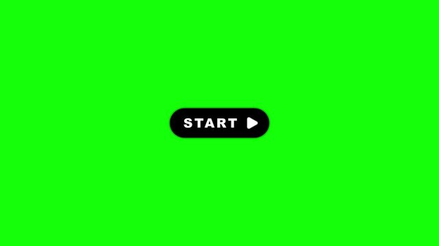 Black start button pulsing text and fading play icon loop animation on green screen background