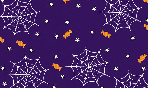 Seamless halloween pattern with spider webs, candy, and stars