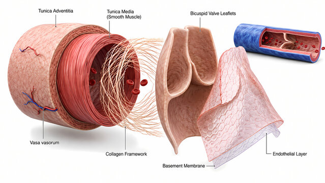 Educational exploded 3D diagram of vein anatomical layers including tunica adventitia, tunica media, and bicuspid valve leaflets