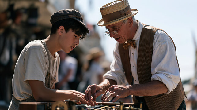 An older organ grinder onboarding a young first day festival assistant in a quiet rural fairground lane, the newcomer watches carefully while the mentor demonstrates technique, a