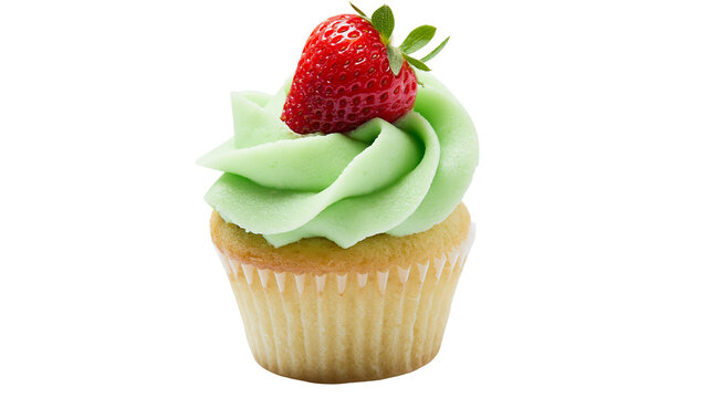 Yellow cupcake with green frosting and fresh strawberry, isolated on transparent background