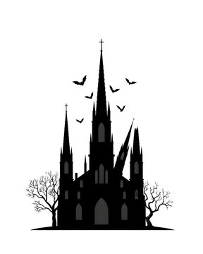 Spooky gothic church silhouette with flying bats and bare trees for halloween design silhouette halloween building architecture illustration graveyard