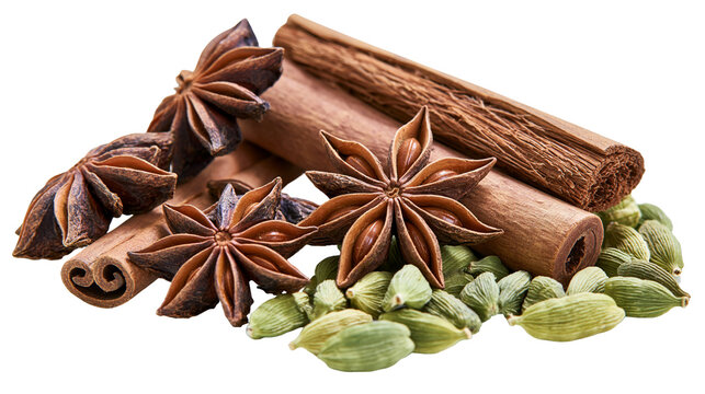Brown cinnamon sticks and star anise with green cardamom pods, isolated on transparent background