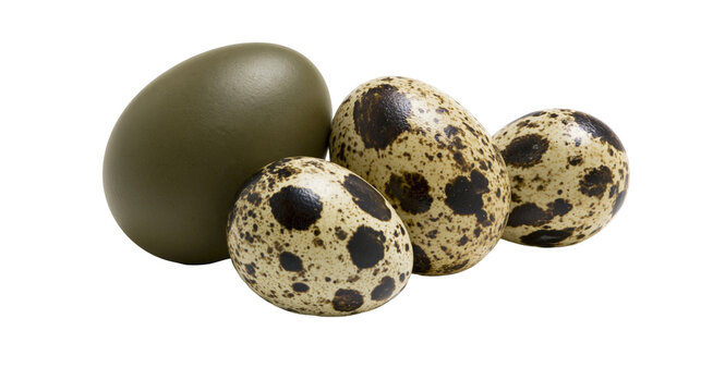 Group of speckled quail eggs and one large olive egg, isolated on transparent background