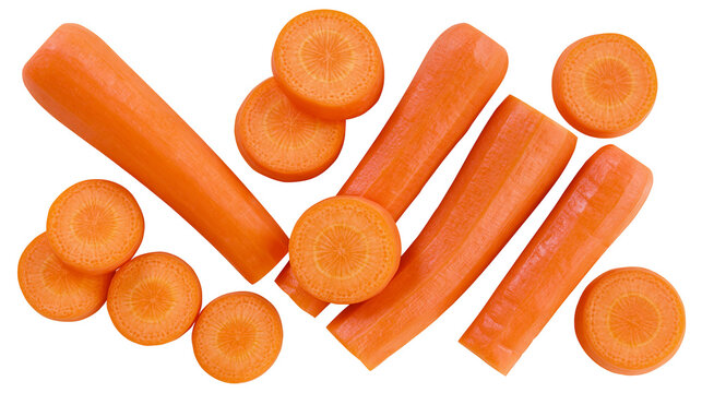Fresh orange carrot pieces and slices isolated on transparent background
