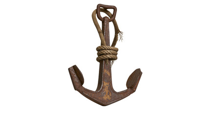 Rusty metal anchor with thick rope, isolated on transparent background © Mia